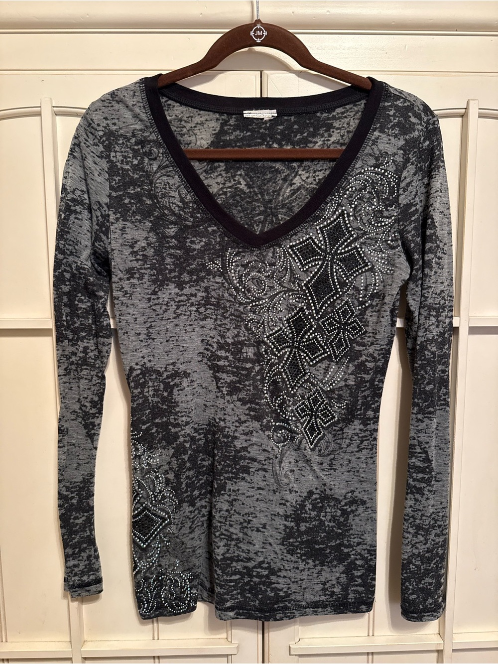 Vocal Gray V-Neck Long Sleeve Top with Studded Pattern